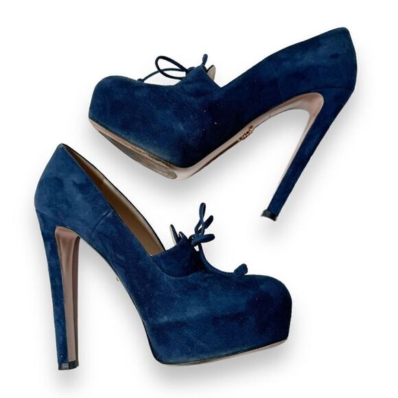 PRADA Calzature Donna Blue Suede Lace Up Suede Platform Heels Pumps Women’s 38 - Picture 5 of 12